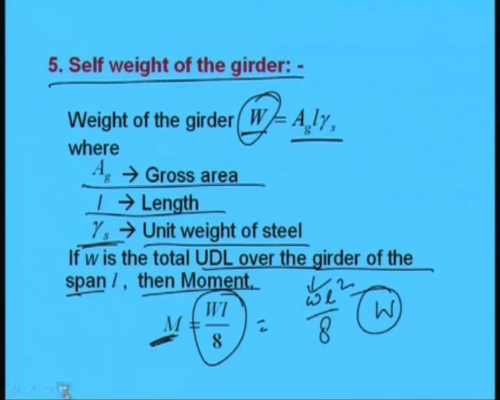 (Refer Slide Time: 36:24) Now, other point is self weight self weight of girder. Now, let the weight of girder let us consider say W as area of of the girder into l into gamma s.
