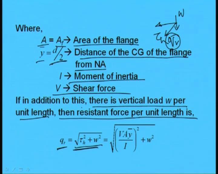 (Refer Slide Time: 44:25) Now, here A means area of flange right Af. And y bar is nothing, but d by 2 that is distance of the CG of the flange from neutral axis. And I is the moment of inertia.