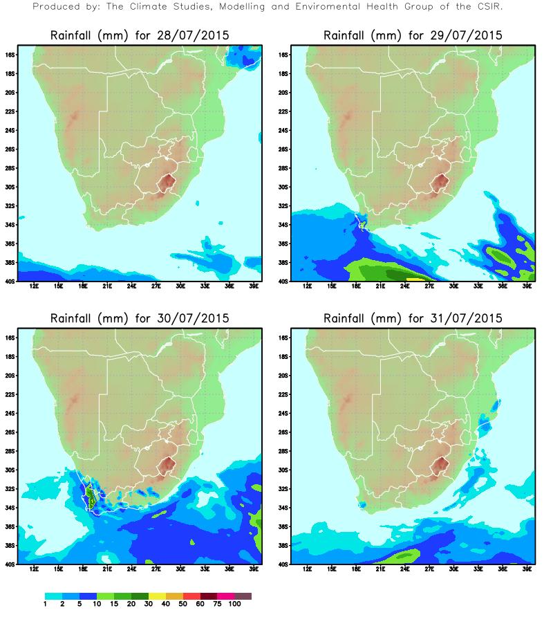 Daily rainfall and temperatures across South Africa Daily rainfall (mm) for 28-31 July 2015 Precipitation in the form of rain or snow will occur