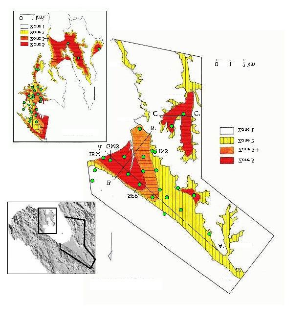 Figure 1. Ground shaking hazard maps for Lower Hutt and Wellington [Van Dissen et al., 1992a,b]. Inset shows relative location in the Wellington region.