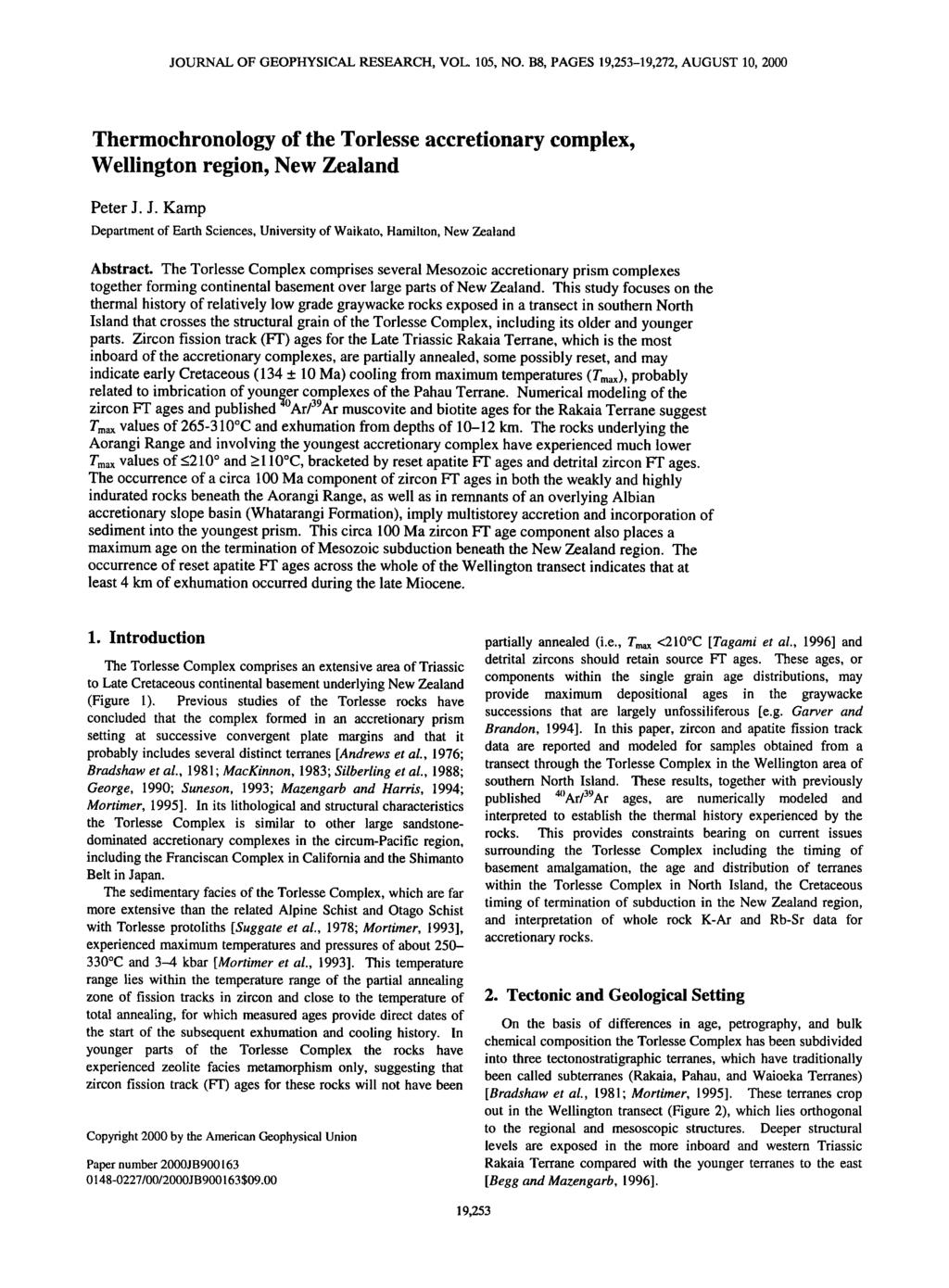 JOURNAL OF GEOPHYSICAL RESEARCH, VOL. 105, NO. B8, PAGES 19,253-19,272, AUGUST 10, 2000 Thermochronology of the Torlesse accretionary complex, Wellington region, New Zealand Peter J.