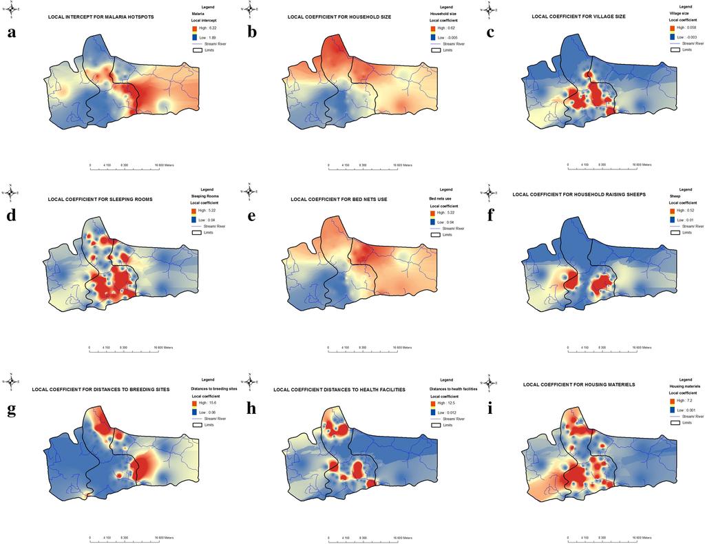 Ndiath et al. Malar J (2015) 14:463 Page 9 of 11 Fig. 5 Local parameter estimates of GWR. a Local intercept for malaria hotspots (shows the spatial variation in the local intercept estimated by GWR).
