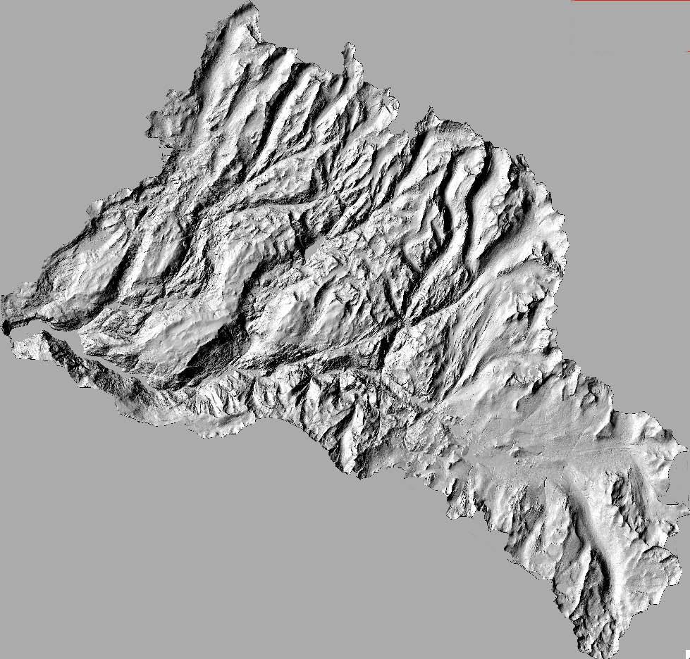 Figure 2. The 4-m DEM resulting from the August snow-free data collection event over the Tuolumne basin, displayed as a shaded relief map.