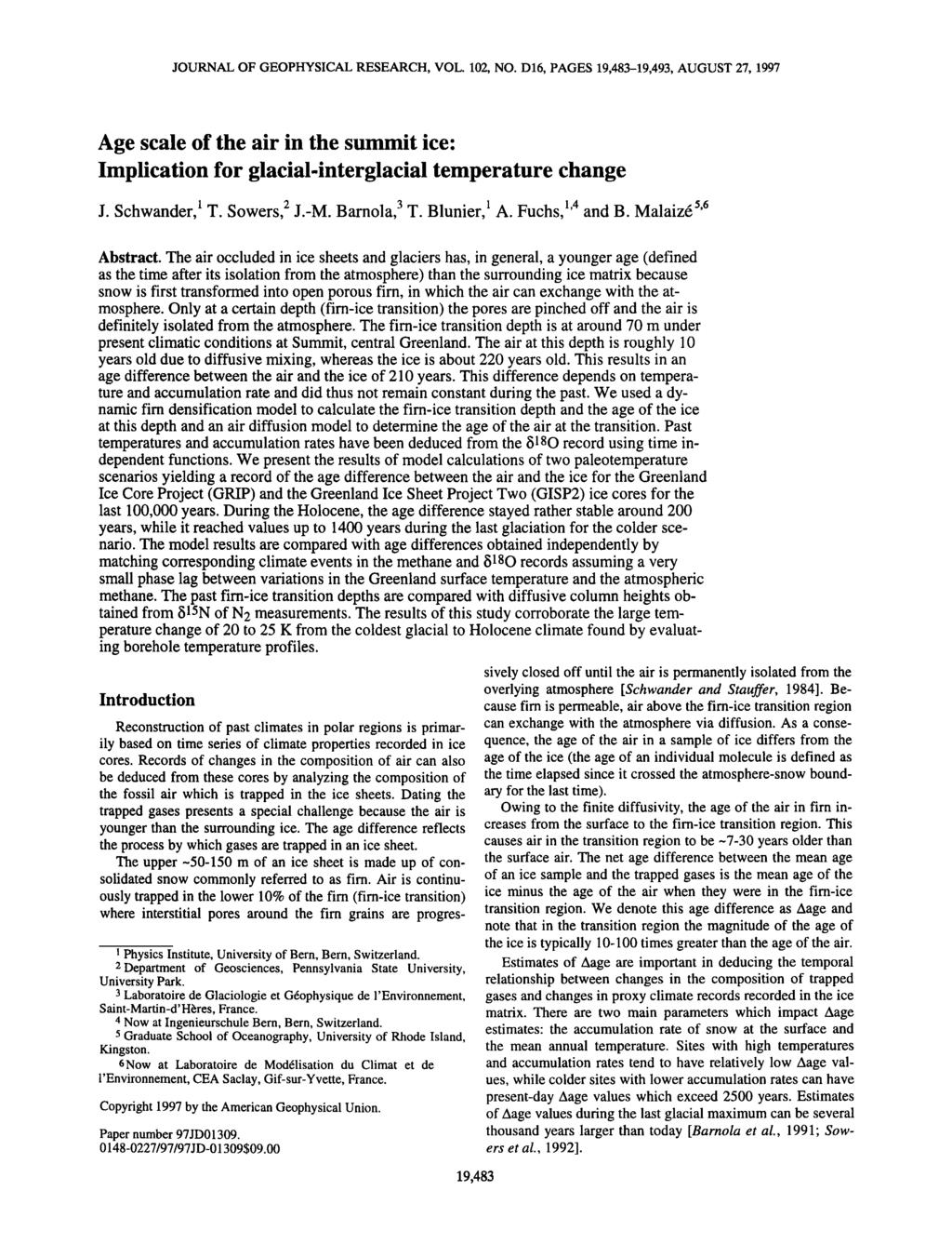 JOURNAL OF GEOPHYSICAL RESEARCH, VOL. 102, NO. D16, PAGES 19,483-19,493, AUGUST 27, 1997 Age scale of the air in the summit ice: Implication for glacial-interglacial temperature change J.