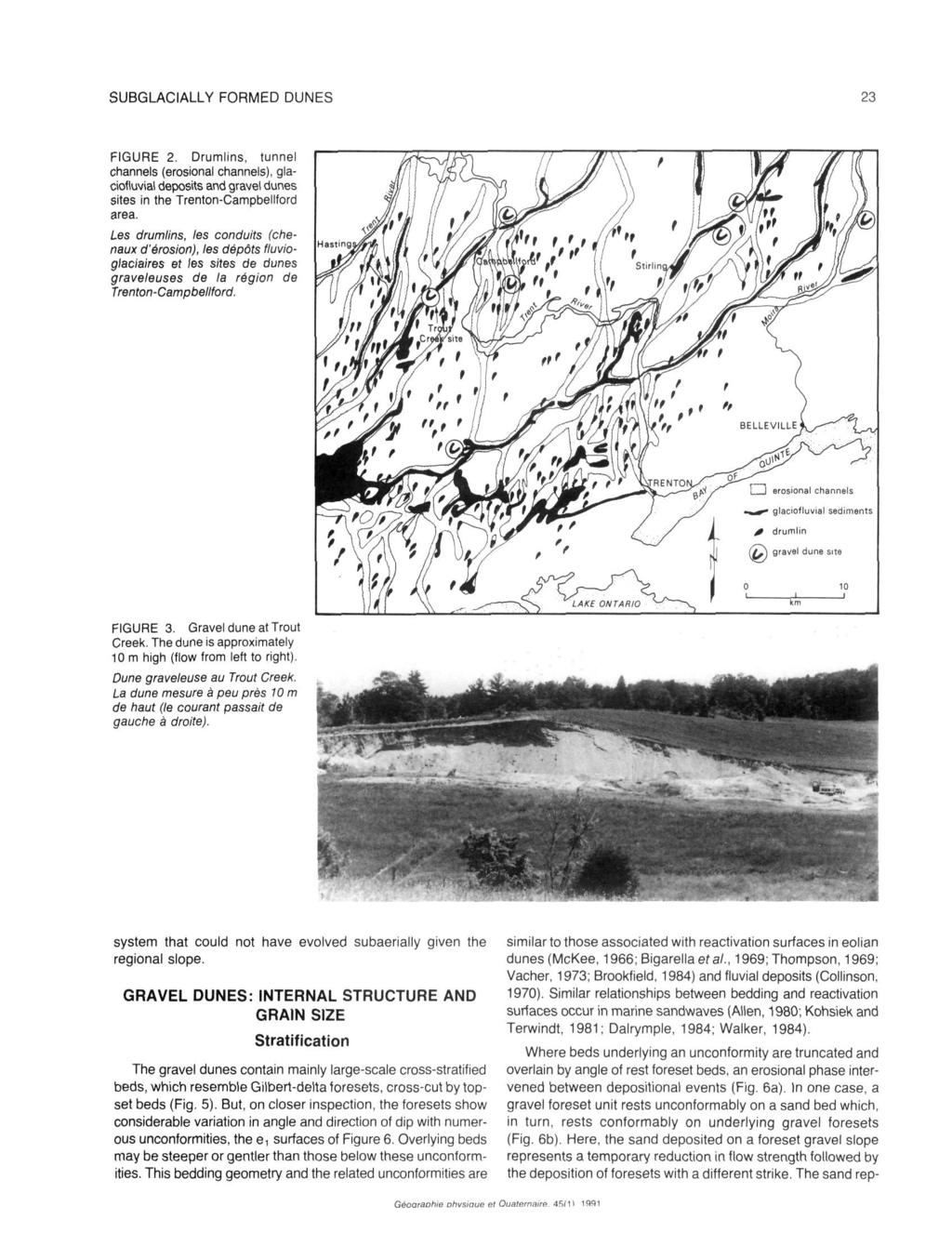 SUBGLACIALLY FORMED DUNES 23 FIGURE 2. Drumlins, tunnel channels (erosional channels), glaciofluvial deposits and gravel dunes sites in the Trenton-Campbellford area.