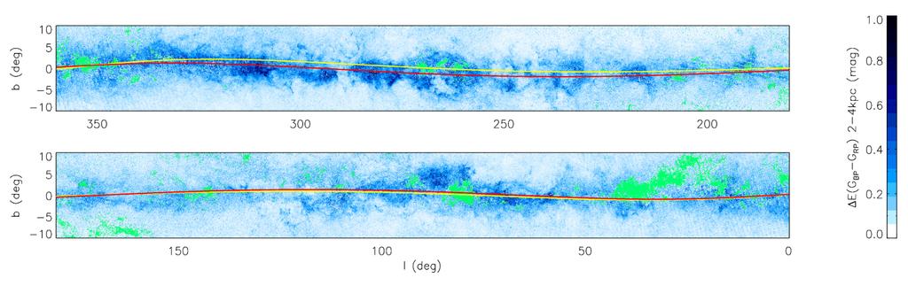 3D Reddening maps in disk 9 Figure 11. Warp in the dust distribution as revealed by our 3D colour excess map.