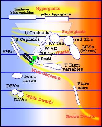 Dwarf Cepheids / RRs Delta Scuti stars On or near the main sequence Pre- (T Tau) + post-ms Spectral type A-F Cepheid instability strip Generally: small amplitude < 0.