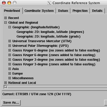 The datum already specified in the Current field (in this example ETRS89 from the previous exercise) is retained when you select a UTM coordinate system (zone).