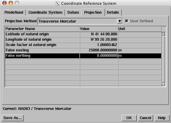 Define Projection Parameters The Projection tabbed panel is active whenever a projected coordinate system is in use.