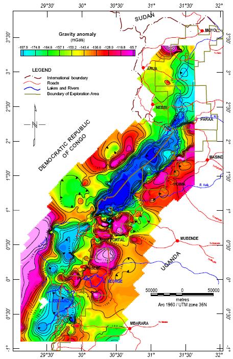 v Magnetic and Bouguer gravity anomaly acquired since 1983 has delineated five depo-centres with potential for Hydrocarbon generation in the Albertine Graben (Aeromagnetic data now covers the