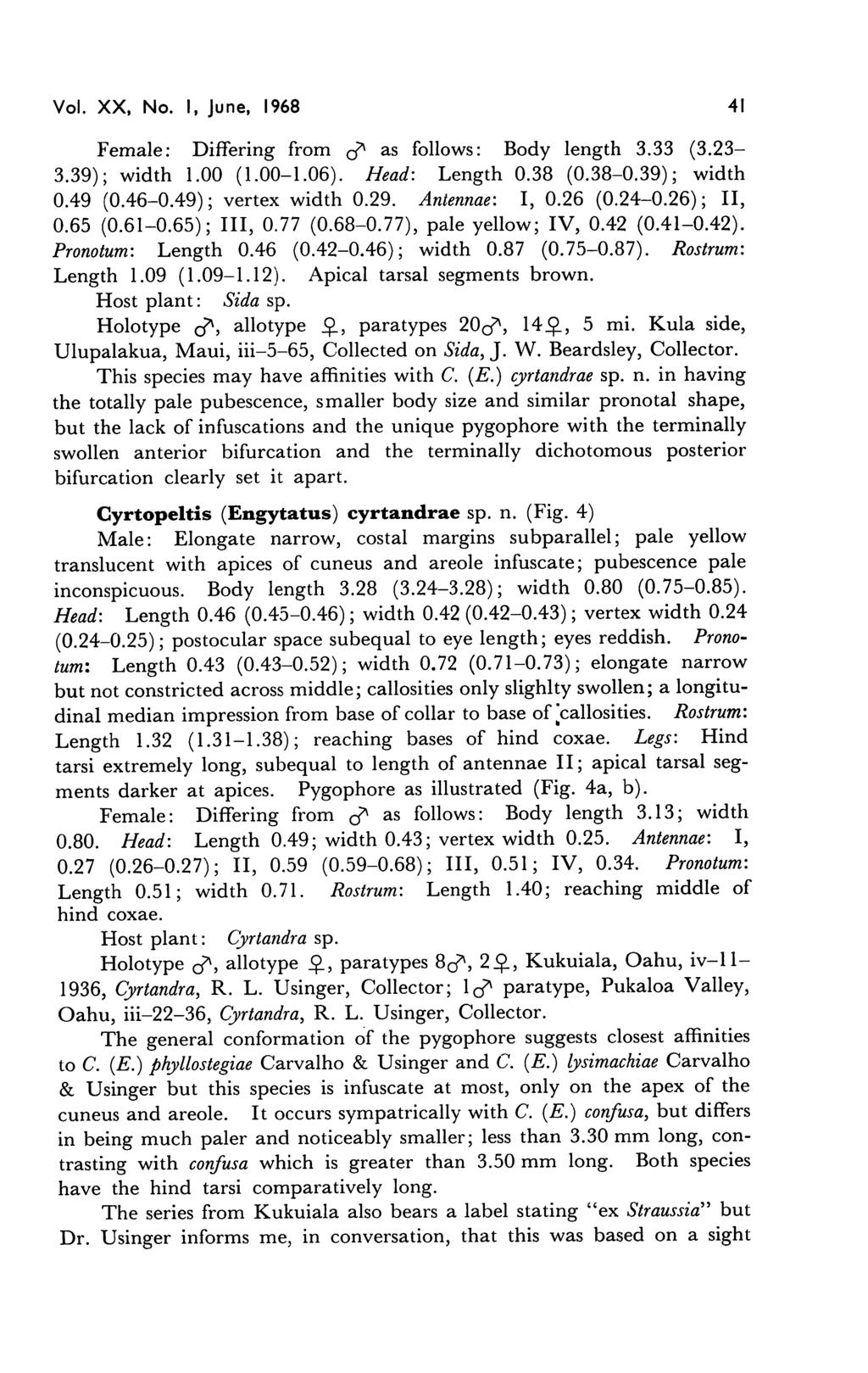 Vol. XX, No. I, June, 1968 41 Female: Differing from tf as follows: Body length 3.33 (3.23-3.39); width 1.00 (1.00-1.06). Head: Length 0.38 (0.38-0.39); width 0.49 (0.46-0.49); vertex width 0.29.