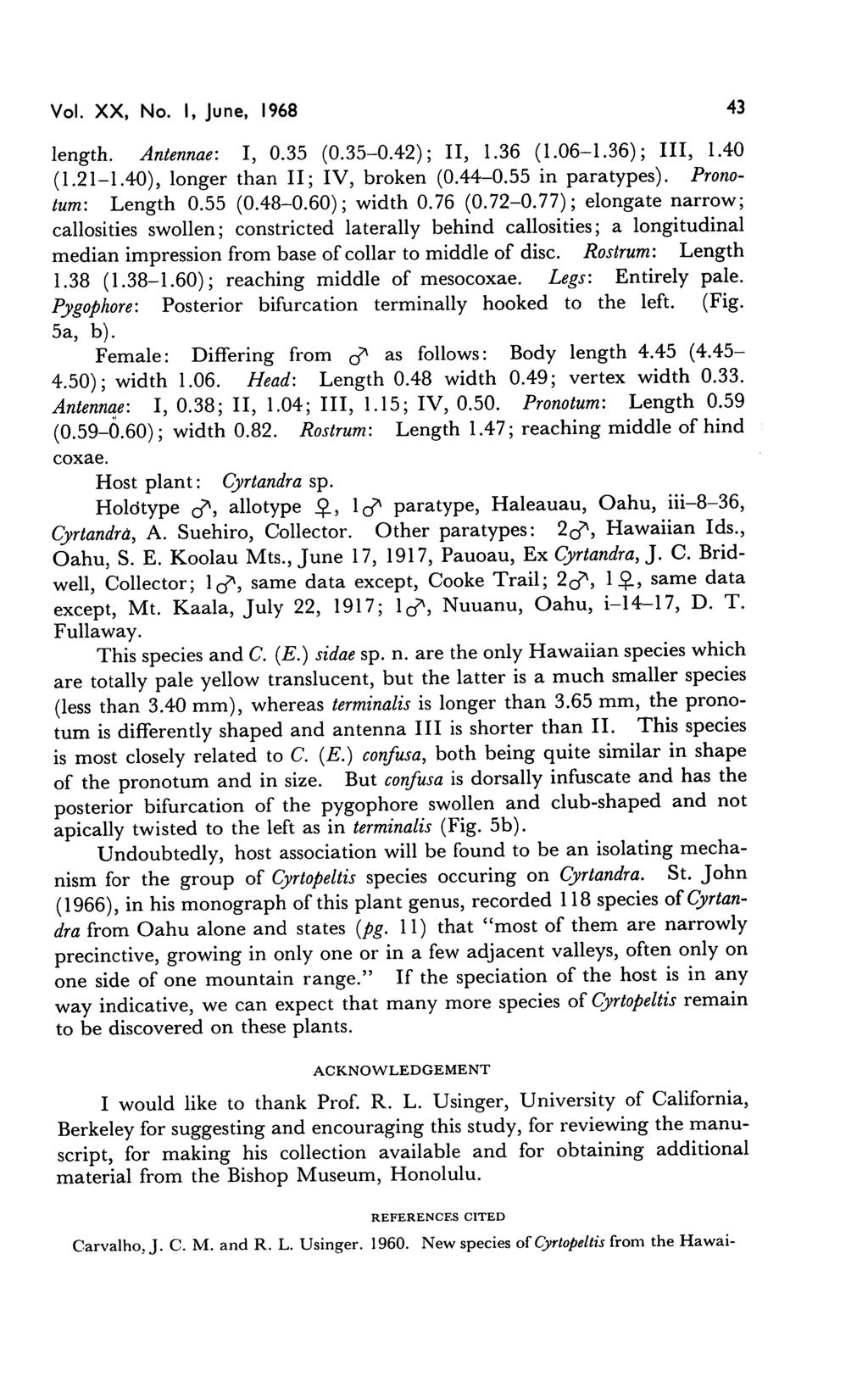 Vol. XX, No. I, June, 1968 43 length. Antennae: I, 0.35 (0.35-0.42); II, 1.36 (1.06-1.36); III, 1.40 (1.21-1.40), longer than II; IV, broken (0.44-0.55 in paratypes). Prono tum: Length 0.55 (0.48-0.