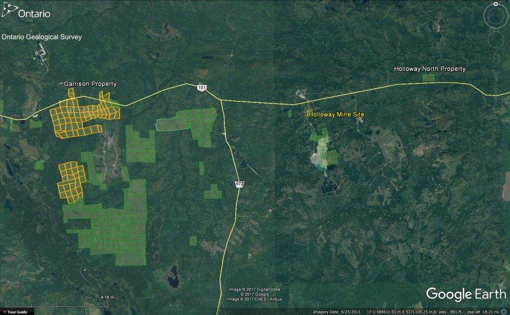 Location and Access: The Holloway Tailings Property is located approximately 70km to the northeast of the town of Kirkland Lake, and 66 km E of the town of Matheson in the Larder Lake Mining