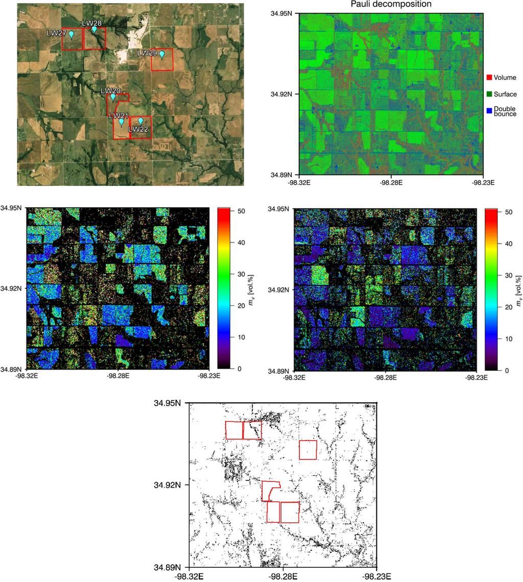 DI MARTINO et al.: PTSTM FOR RETRIEVAL OF SOIL MOISTURE 11 Fig. 4. a Optical image of the considered scene with indication of in situ measurements. b Pauli decomposition.