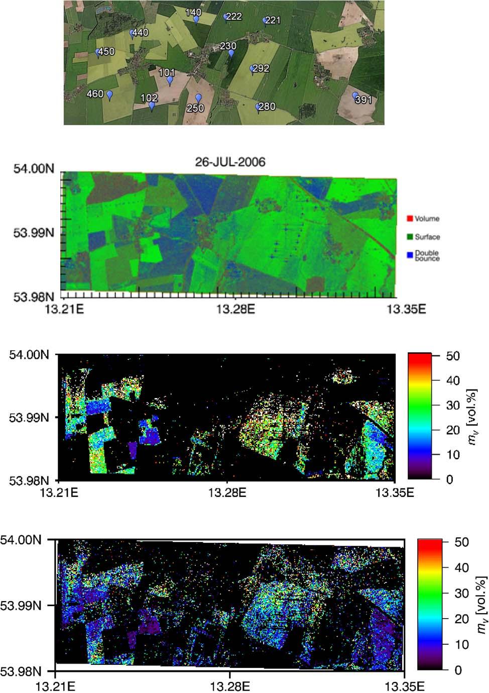 12 IEEE TRANSATIONS ON GEOSIENE AND REMOTE SENSING Fig. 5. Scatterplots of the retrieval results versus measured ground truth. a Without vegetation compensation PTSM.