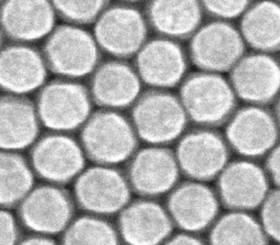 Figure 2. Top-down image of dense pack of ion milled magnetic islands arranged in hexagonal formation. The pitch or distance between centers of the islands was ~20 nm.