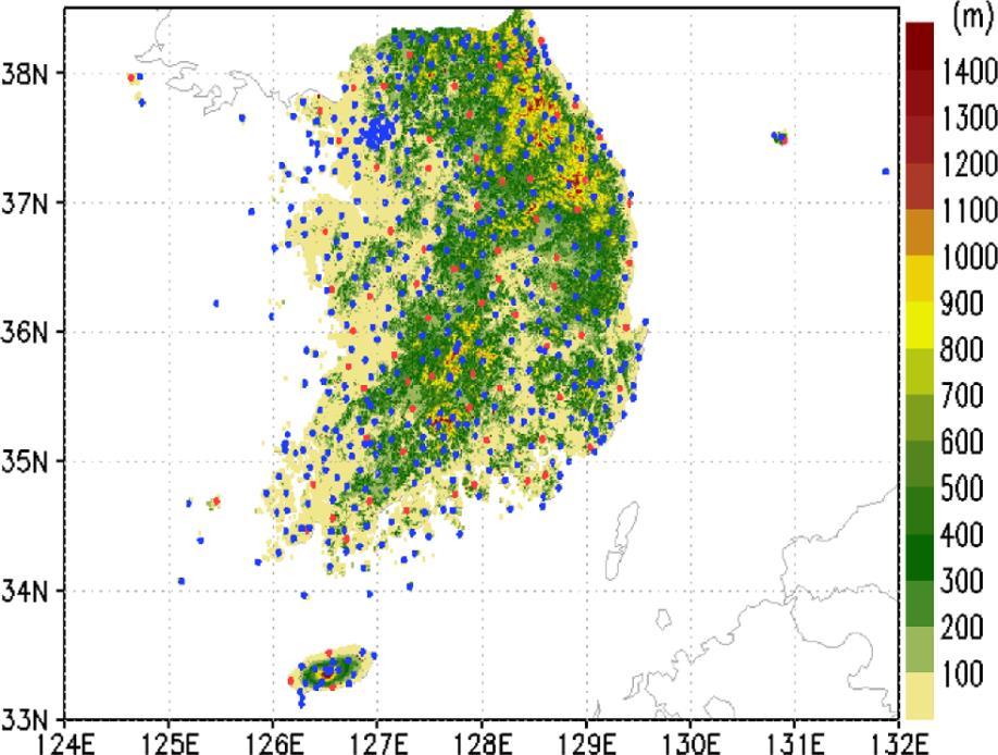 02 Data and GIS Information DATA Observed data Figure 1 Location of observation stations (circle) and DEM elevation (shading) with 1-km resolution in Korea.