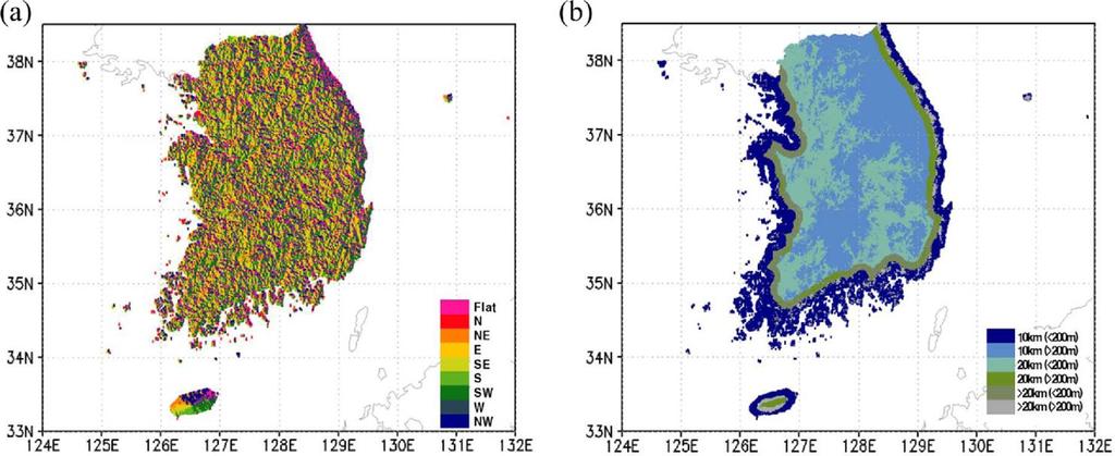 02 Data and GIS Information GIS Information Fig. 2. (a) Topographic facet and (b) coastal proximity for a horizontal resolution of 1 km in Korea.