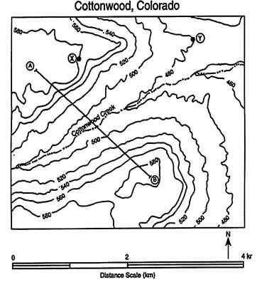What is the contour interval used on this map? a. 20 m c. 100 m b. 50 m d. 200 m 13. Which diagram best represents the profile along a straight line between points X and Y? 10. Which locations have the greatest difference in elevation?