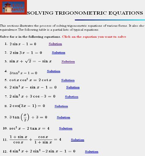 . http://www.sosmath.com/algebra/solve/solve0/solvtrig.html Anglická stránka, na ktorej môžeme nájsť páru riešených príkladov týkajúcich sa goniometrických rovníc.