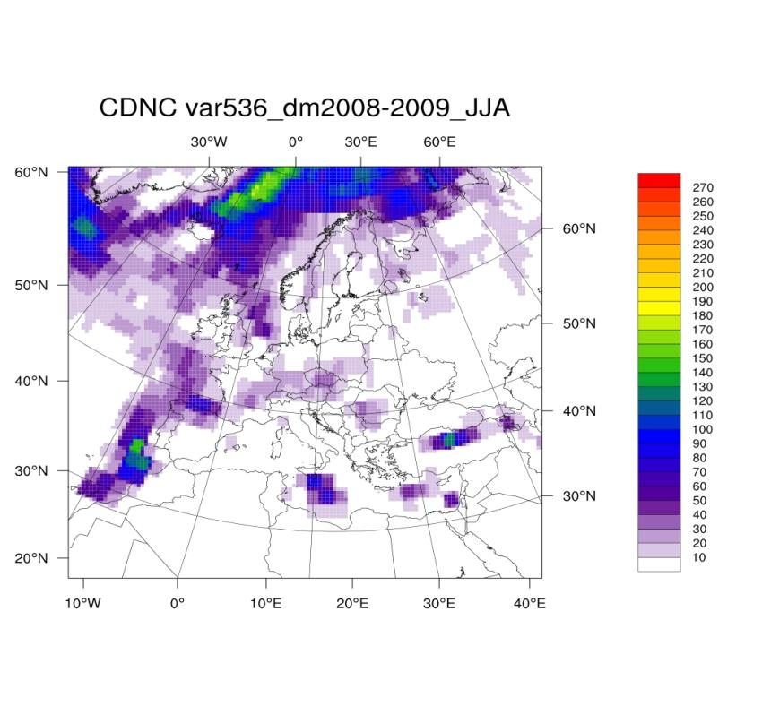 Cloud droplet number concentration (cm-3) Summer REMO,(Pfeifer, 2006) Solid line: continental clouds Dashed