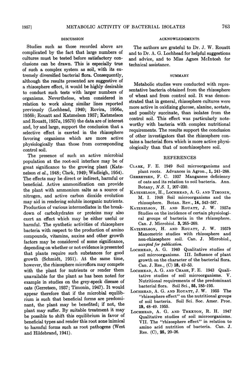 19571 METABOLIC ACTIVITY OF BACTERIAL ISOLATES 763 DISCUSSION Studies such as those recorded above are complicated by the fact that large numbers of cultures must be tested before satisfactory