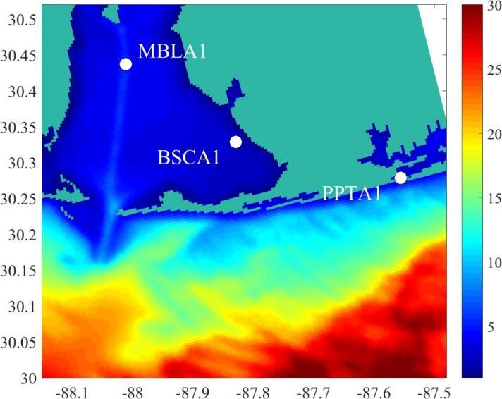 Model results vs NDBC buoys in 2015 T at MBLA1 RMSE=0.