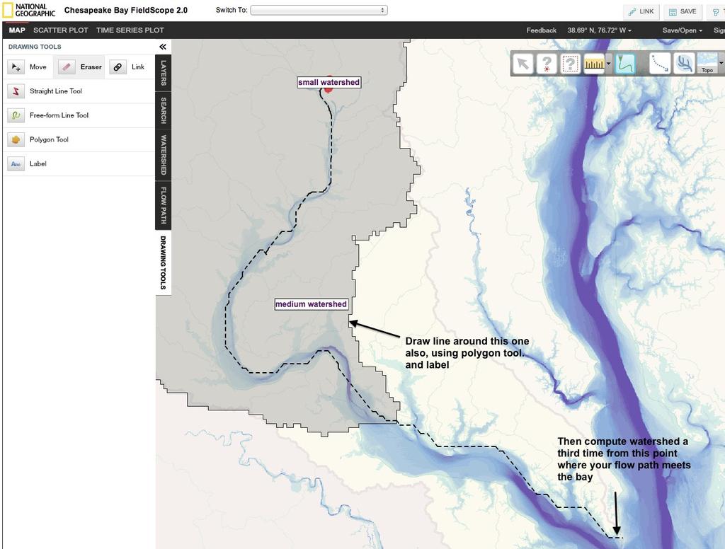 Next, zoom out so you can see both the Chesapeake Bay and your location. Move halfway downstream and use the Compute Watershed tool at a point along the tributary network. See example below.