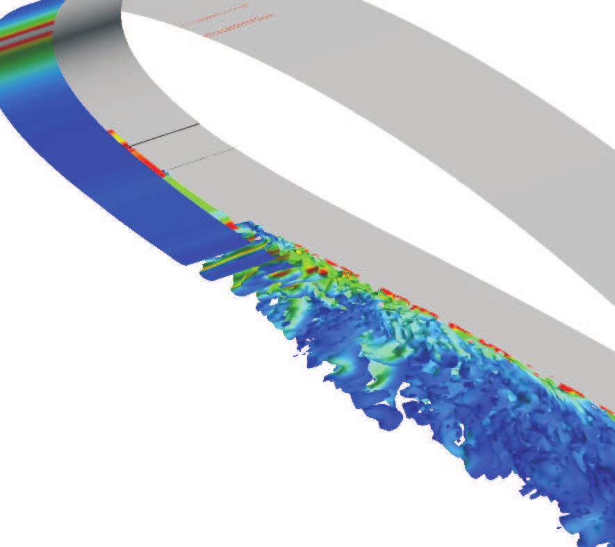 the step trip LES (bottom). Isosurfaces are color-scaled by the magnitude of vorticity. The precise position of the flow separation and transition is shown in Fig.