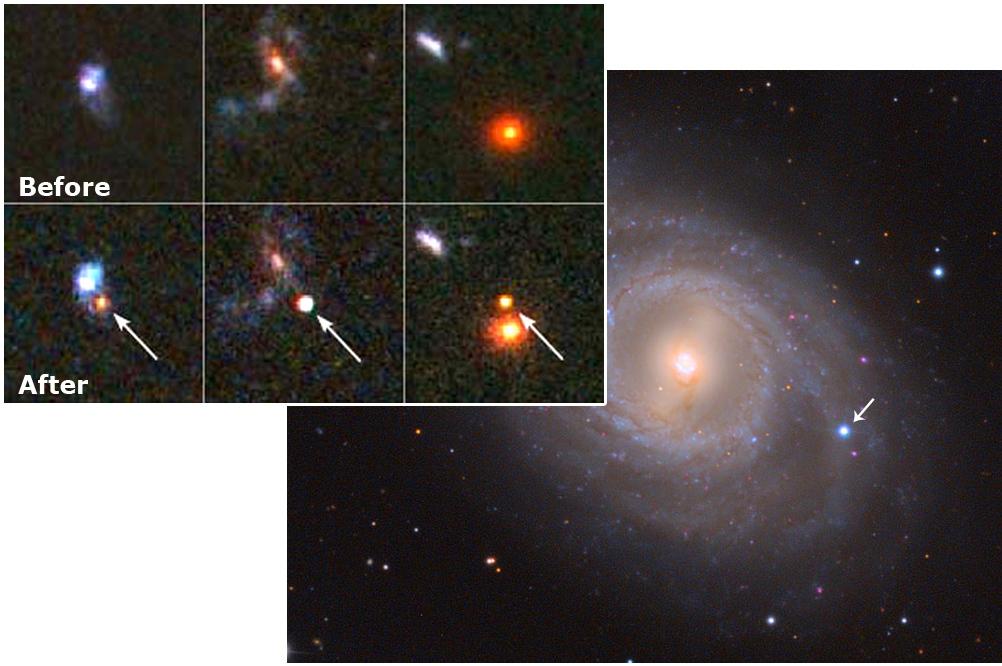 Fact sheet: Upper panel: Three very distant type Ia supernovae observed with the Hubble Space Telescope. The stars exploded back when the universe was approximately half its current age.