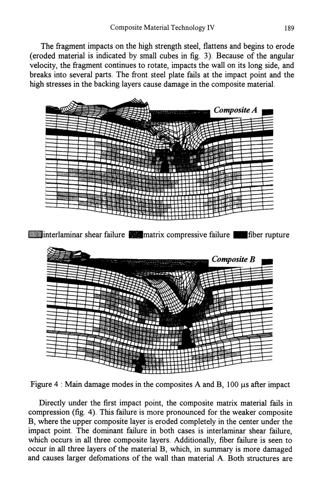 Composite Material Technology IV 189 The fragment impacts on the high strength steel, flattens and begins to erode (eroded material is indicated by small cubes in fig. 3).
