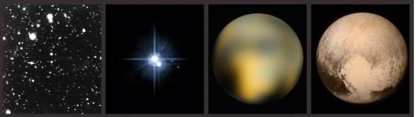 Obr. 2. Vývoj nášho pohl adu na Pluto v čase. Prvá je objavová fotografia z roku 1930, d alší záber je z Hubbleovho vesmírneho d alekohl adu (HST) pri jeho prvom rozlíšení Pluta a Chárona.