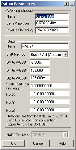 The following parameters are configurable from this dialog box: Working Ellipsoid Name Reference Ellipsoid name (e. g.
