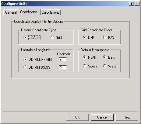 Coordinates Tab Select the Coordinates tab to configure the default format for coordinate display and entry.