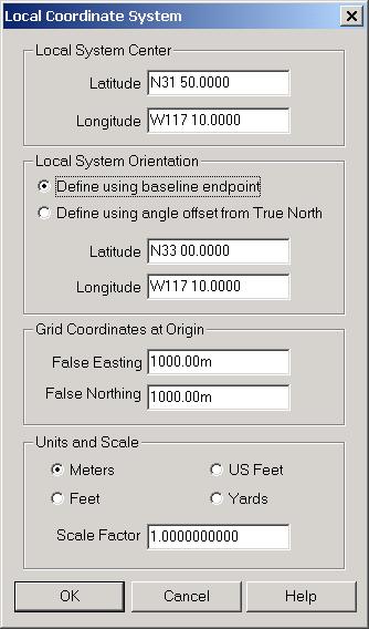 The Local Coordinate System dialog box allows for the configuration of the following parameters: Local System Center Origin of Local Coordinate System.