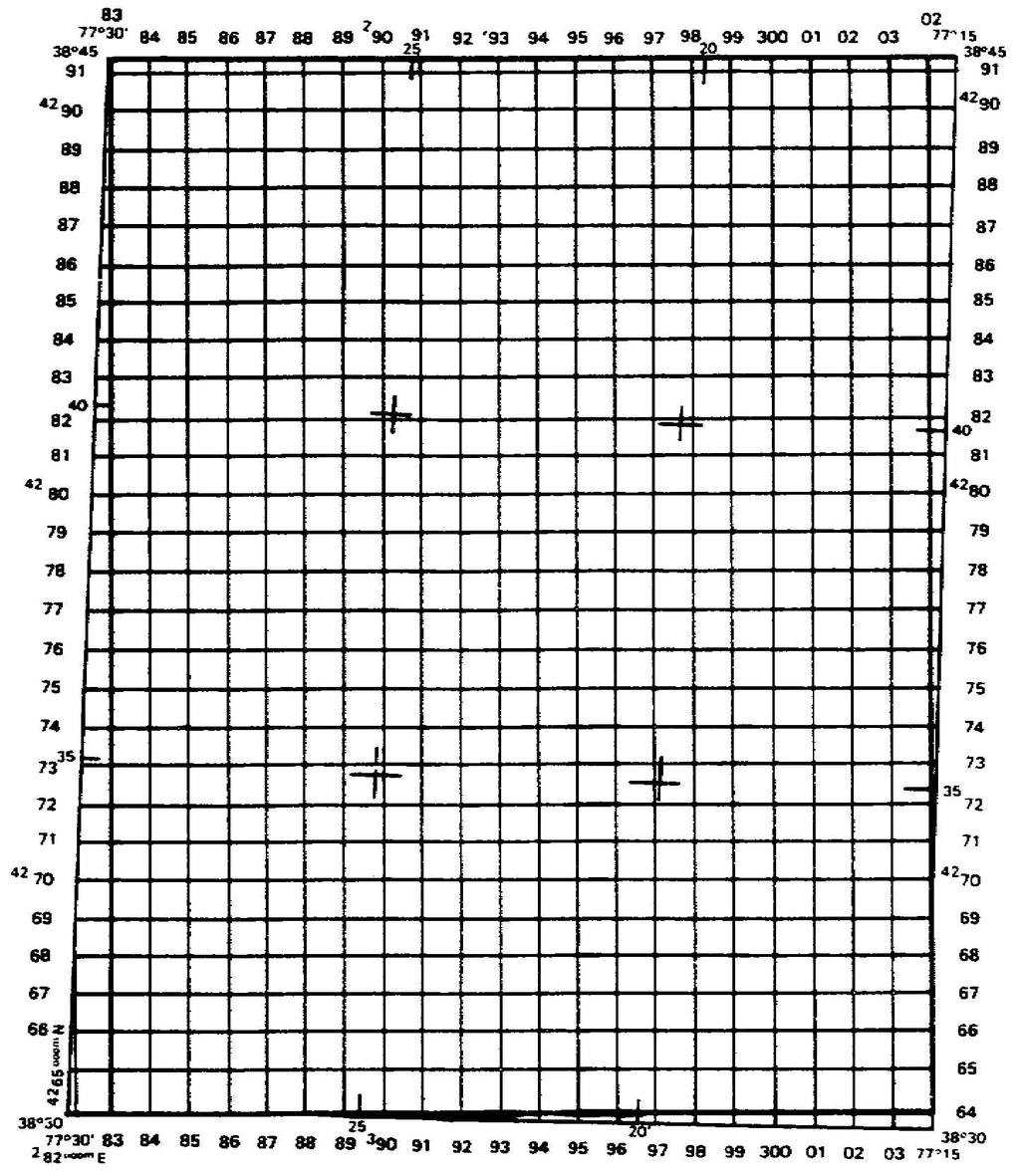Figure 4-21. Labeling grid and graticule ticks. Again. refer to the style sheet in the back of this subcourse (arrangement A). All four corners are labeled with their longitude and latitude values.