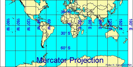 Mercator-The Mercator projection has straight meridians and parallels that intersect at right angles.