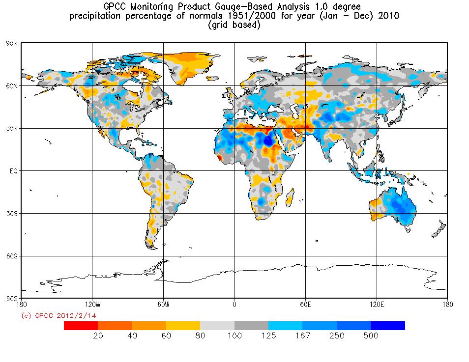 Annual precipitation anomalies for global land areas for 2010 Annual precipitation anomalies for global land areas for 2010; gridded 1.