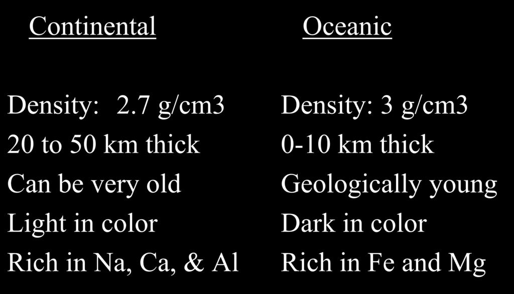 Continental vs. Oceanic Crusts Continental Oceanic Density: 2.