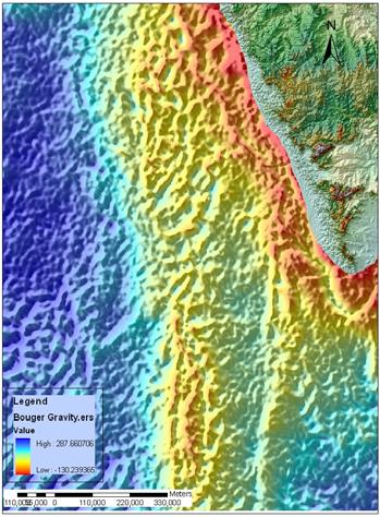 5a 6a Laxmi Vishnu Fracture Zone W E West East Cape Comorine High Vishnu Fracture Zone Laxmi Laxmi Basin 5b 6b MOHO Figure 5a: Free-Air Gravity Anomaly Map showing the subsurface manifestation of