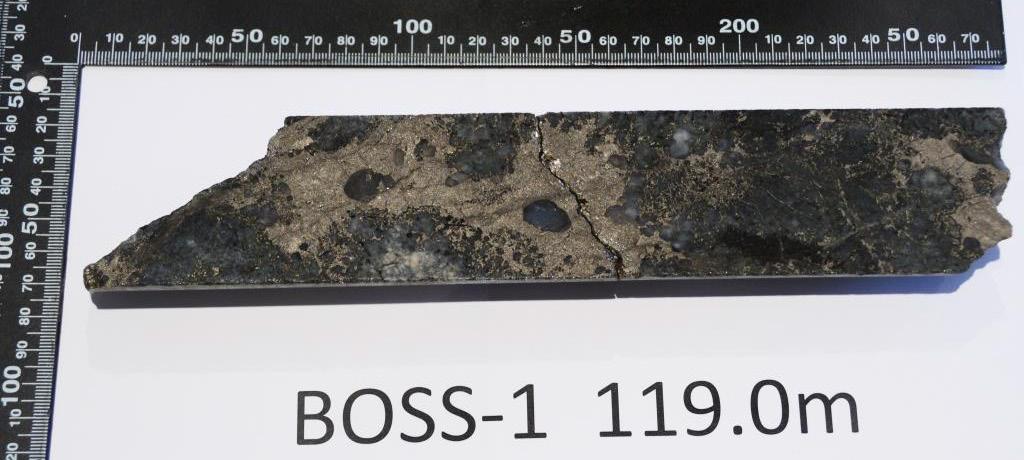 Figure 6. Semi massive sulphides in drill core from hole Boss 1 at a depth of 119.0m Figure 7. Semi massive to matrix textured sulphide mineralisation in drill core from hole Boss 1 at a depth of 132.
