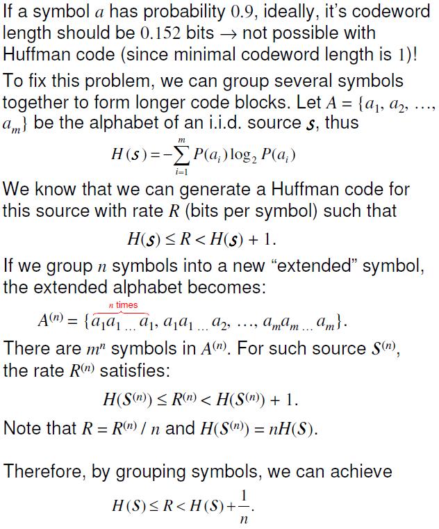 Applications of Huffman Codes Lossless Image Compression Text Compression Lossless Audio Compression Block Huffman Codes (or Extended Huffman Codes) If the source alphabet is rather large,p max is