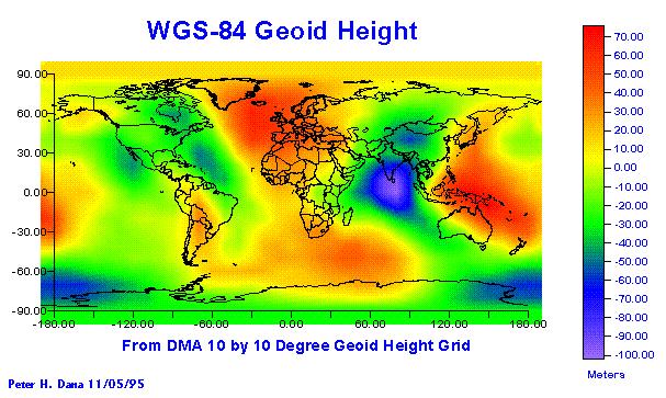 Prevýšenia (červené) a zníženia (modré) geoidu nad