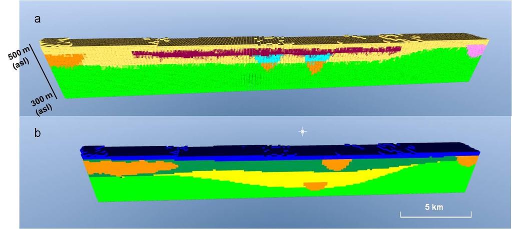 interpreted and interpolated based on AEM (VTEM) resistivity grids and, subsequently, those surfaces were used to constrain the 3-D lithological model.