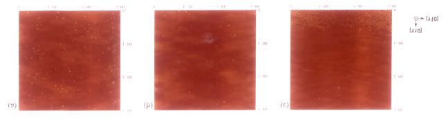 Fig.2. AFM images (3x3 µm 2 ) of the InAs dots formed on an unpatterned flat substrate (a), and on the center area (b) and on the edge area (c) of a square-mesa structure with a size of 50 µm.