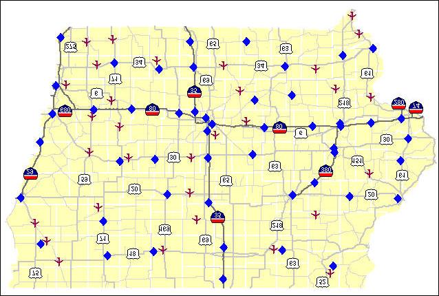 Figure 2: Map of Iowa highlighting the RWIS and AWOS stations (Source: Iowa Department Of Transportation website, http://weatherview.dot.state.ia.