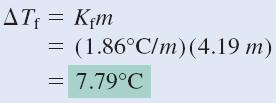The molar mass of ethylene glycol is 62.01 g. Because pure water freezes at 0 C, the solution will freeze at (0-7.79) = -7.79 C.
