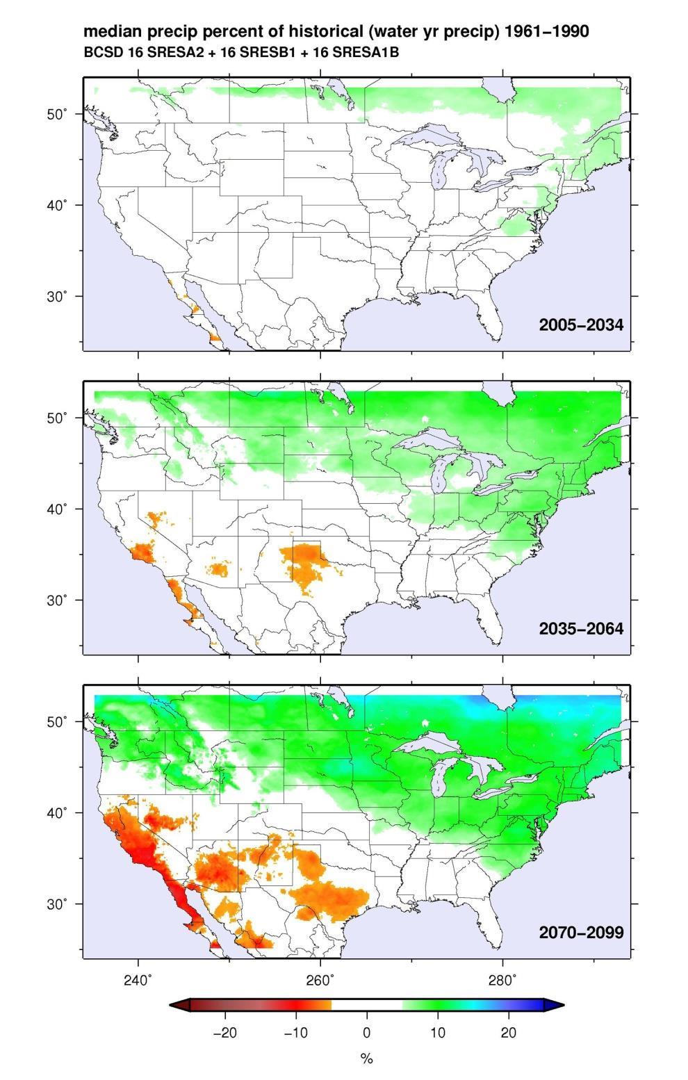 Downscaled Projected Precipitation Change Early 21 st Century Incrementally drier Southwest, especially Southern California develops over the 21 st