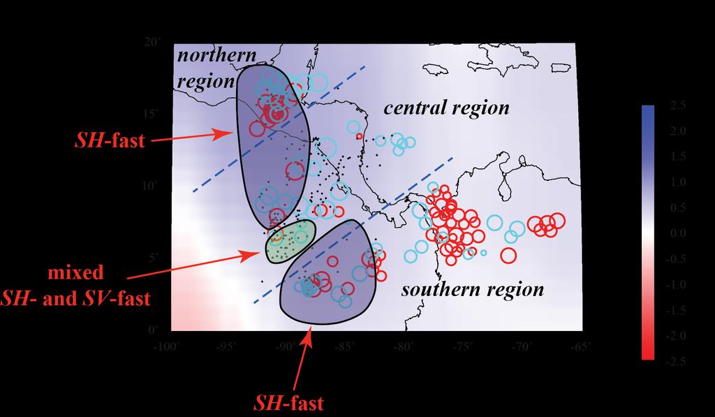Figure S23. Comparison between our inferred zones (northern, central, and southern regions) with anisotropy results from Rokosky et al., [2004].