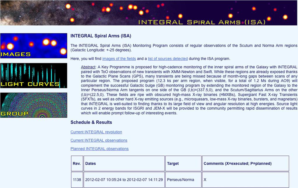 Figure 3: Web page of the ISA program located at http://sprg.ssl.berkeley.edu/ bodaghee/isa. The main panel presents the welcome page which lists the main results.